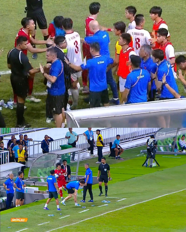 Chạy vào khu kỹ thuật của U19 Việt Nam bị cản trở, cầu thủ Indonesia nổi nóng